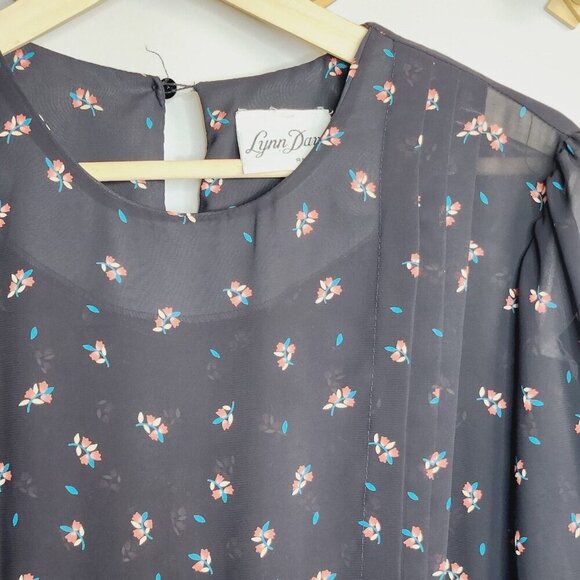 Vintage‎ 70s 80s black floral sheer 3/4 slvs pleat top midi dress M/L grunge - Picture 2 of 9